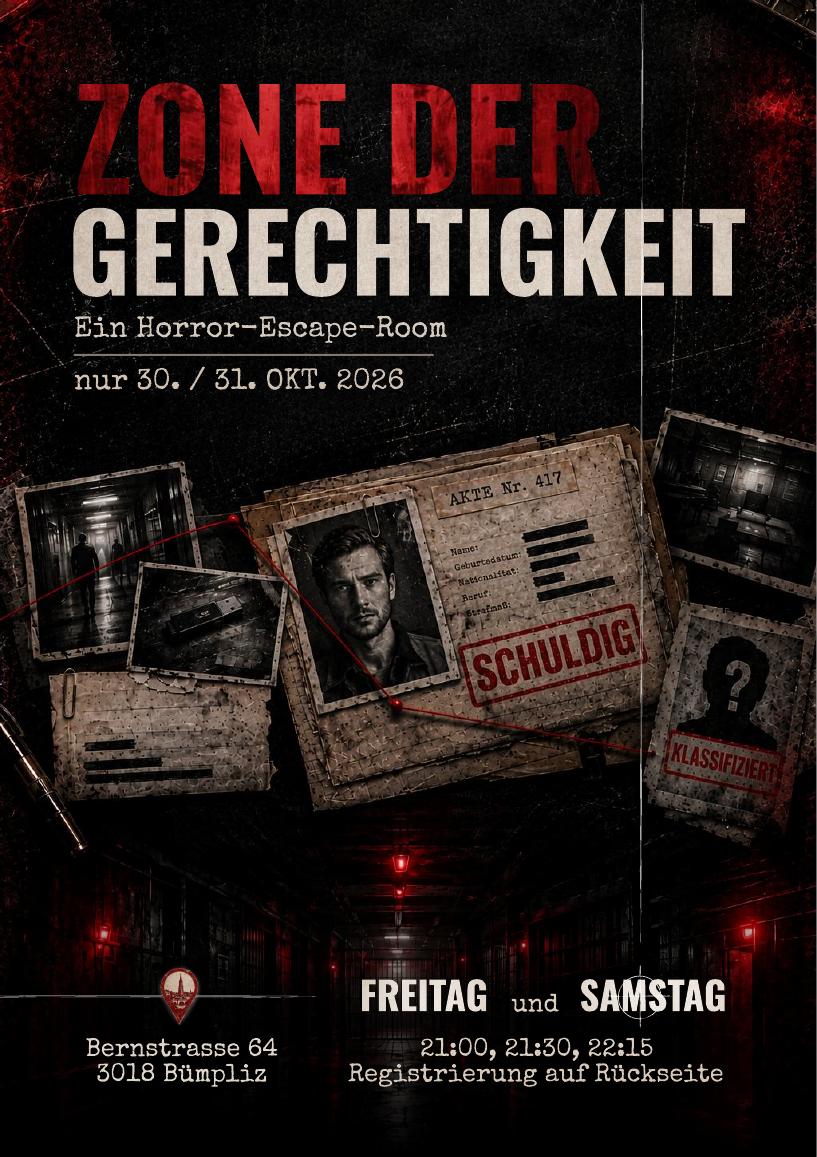 Flyer Zone der Gerechtigkeit, Horror-Escape-Room, 30. und 31. Oktober 2026